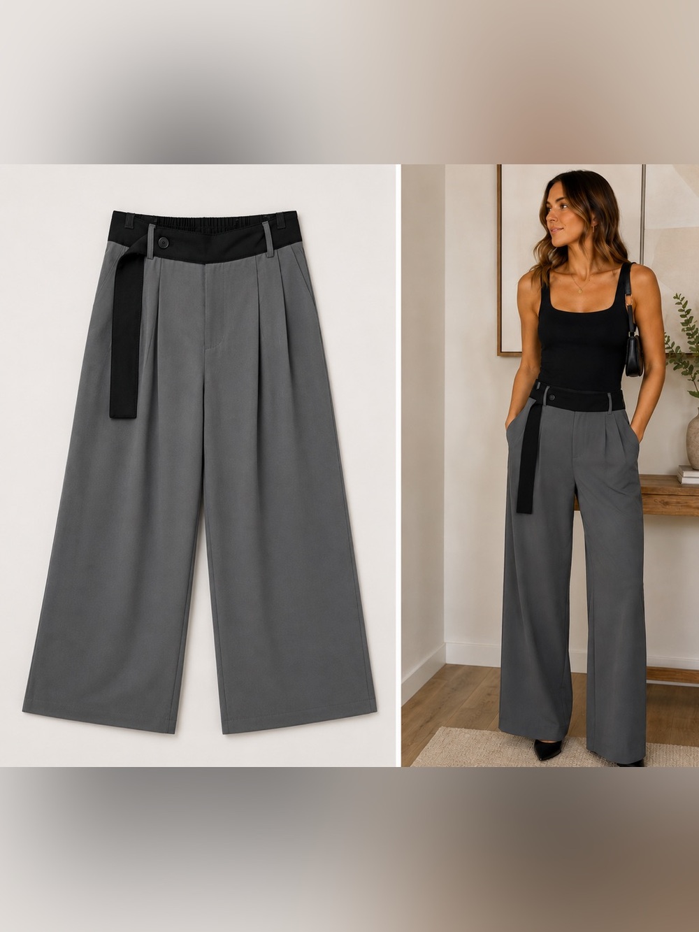 DECIVI Gray Wide Leg Trouser Pants Small Black Belt Waist Quiet Luxury NWT